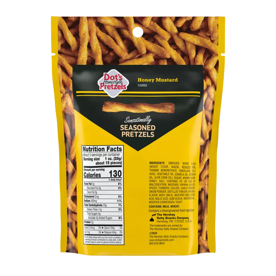 DOT'S HOMESTYLE PRETZELS Honey Mustard Seasoned Pretzel Twists, 5 oz bag - Back of Package