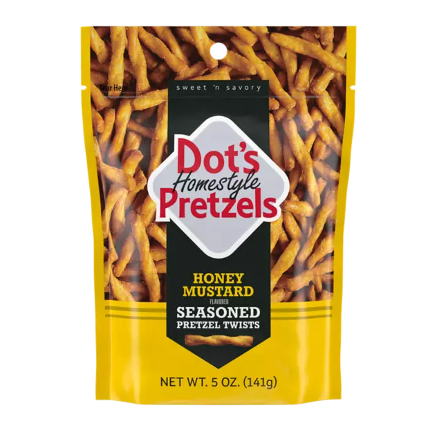DOT'S HOMESTYLE PRETZELS Honey Mustard Seasoned Pretzel Twists, 5 oz bag - Front of Package