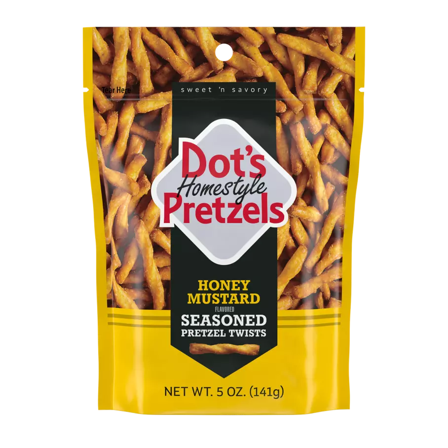 DOT'S HOMESTYLE PRETZELS Honey Mustard Seasoned Pretzel Twists, 5 oz bag - Front of Package