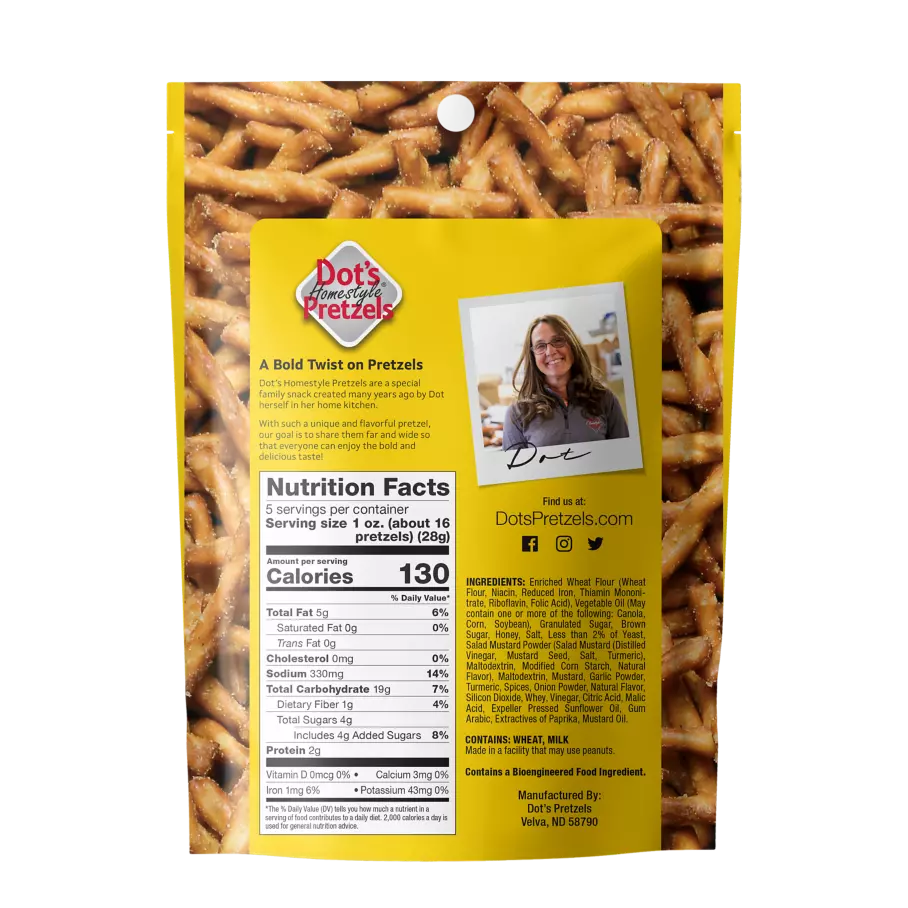 DOT'S HOMESTYLE PRETZELS Honey Mustard Seasoned Pretzel Twists, 5 oz bag - Back of Package
