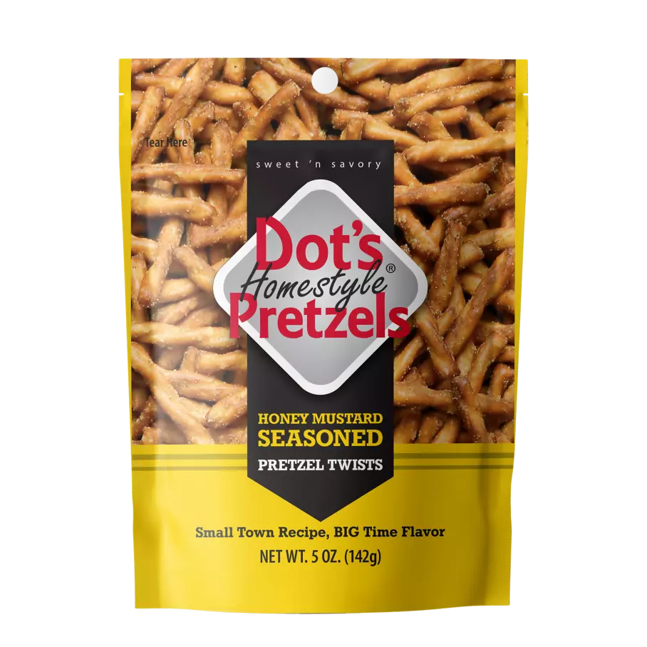 DOT'S HOMESTYLE PRETZELS Honey Mustard Seasoned Pretzel Twists, 5 oz bag - Front of Package