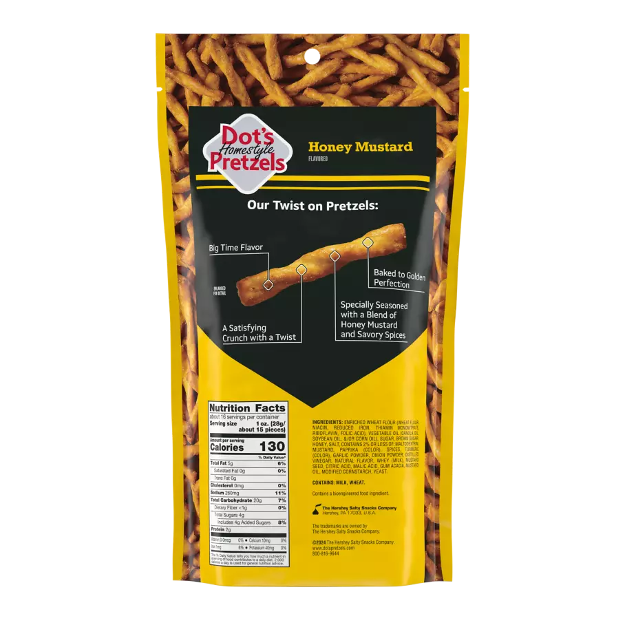 DOT'S HOMESTYLE PRETZELS Honey Mustard Seasoned Pretzel Twists, 16 oz bag - Back of Package