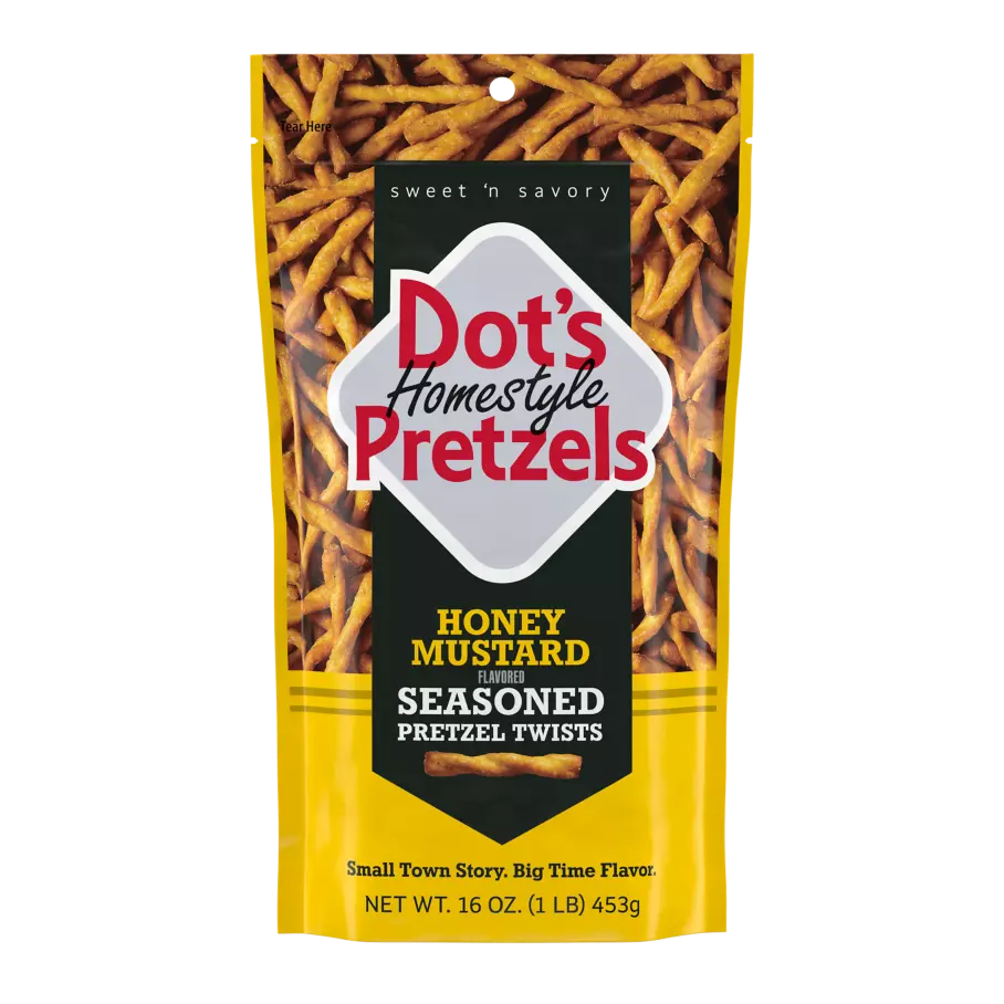 DOT'S HOMESTYLE PRETZELS Honey Mustard Seasoned Pretzel Twists, 16 oz bag - Front of Package