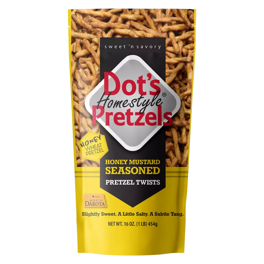 DOT'S HOMESTYLE PRETZELS Honey Mustard Seasoned Pretzel Twists, 16 oz bag - Front of Package