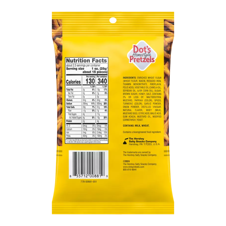 DOT'S HOMESTYLE PRETZELS Honey Mustard Seasoned Pretzel Twists, 2.5 oz bag - Back of Package
