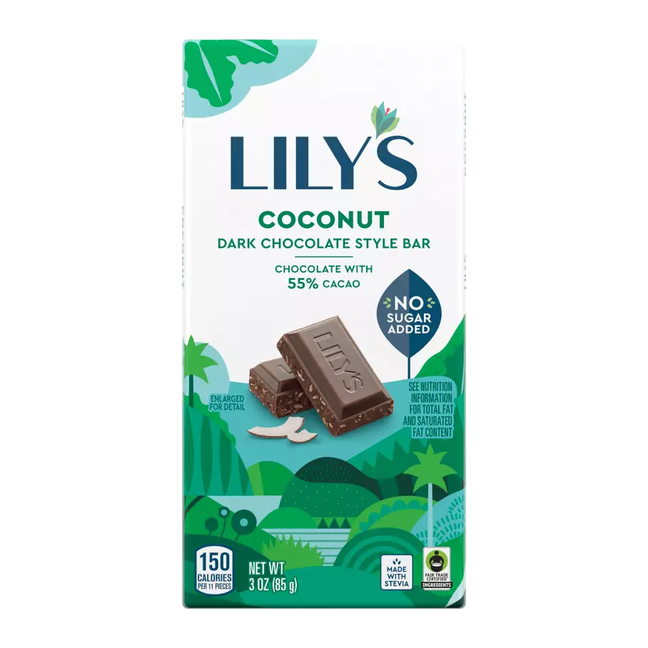 LILY'S Coconut Dark Chocolate Style Bar, 3 oz - Front of Package