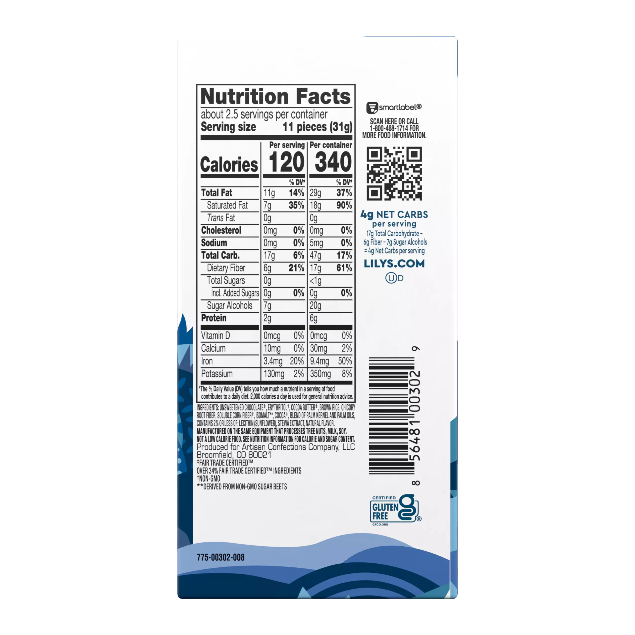 LILY'S Crispy Rice Dark Chocolate Style Bar, 3 oz - Back of Package