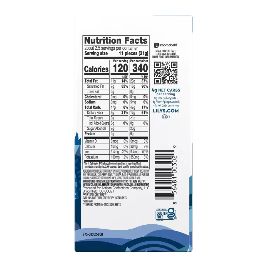LILY'S Crispy Rice Dark Chocolate Style Bar, 3 oz - Back of Package