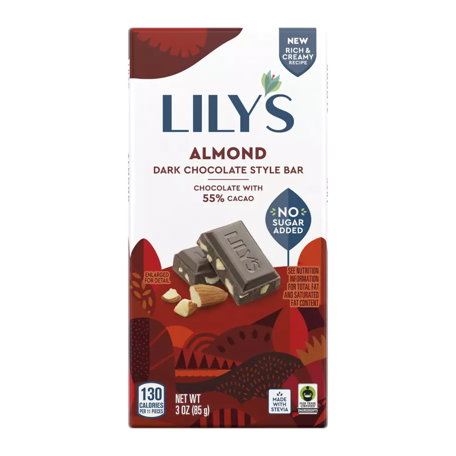 LILY'S Almond Dark Chocolate Style Bar, 3 oz - Front of Package