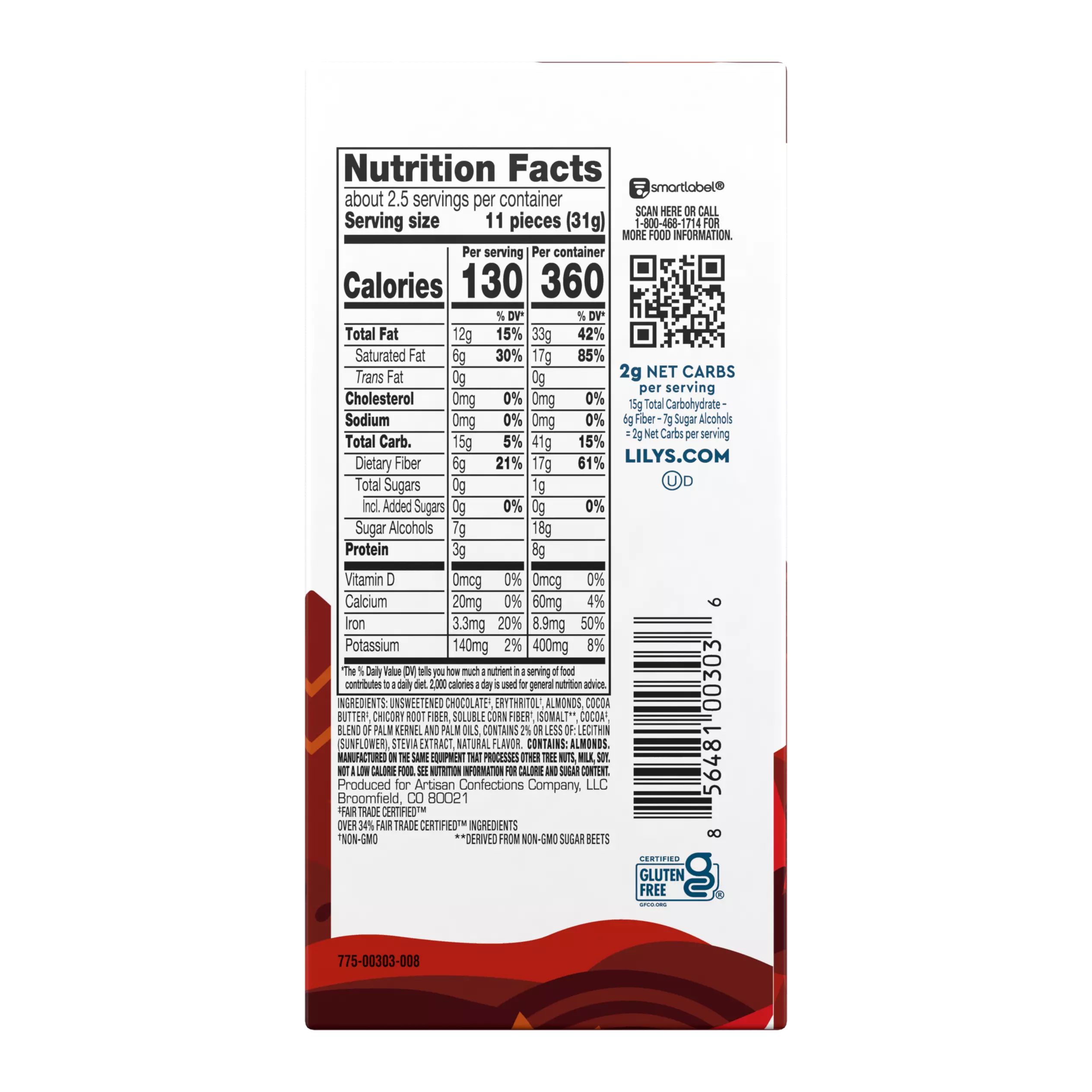 LILY'S Almond Dark Chocolate Style Bar, 3 oz - Back of Package