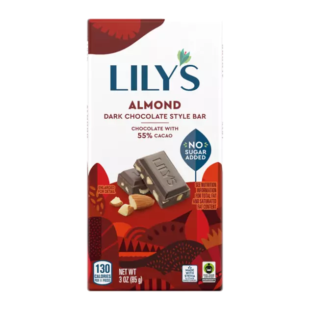 LILY'S Almond Dark Chocolate Style Bar, 3 oz - Front of Package