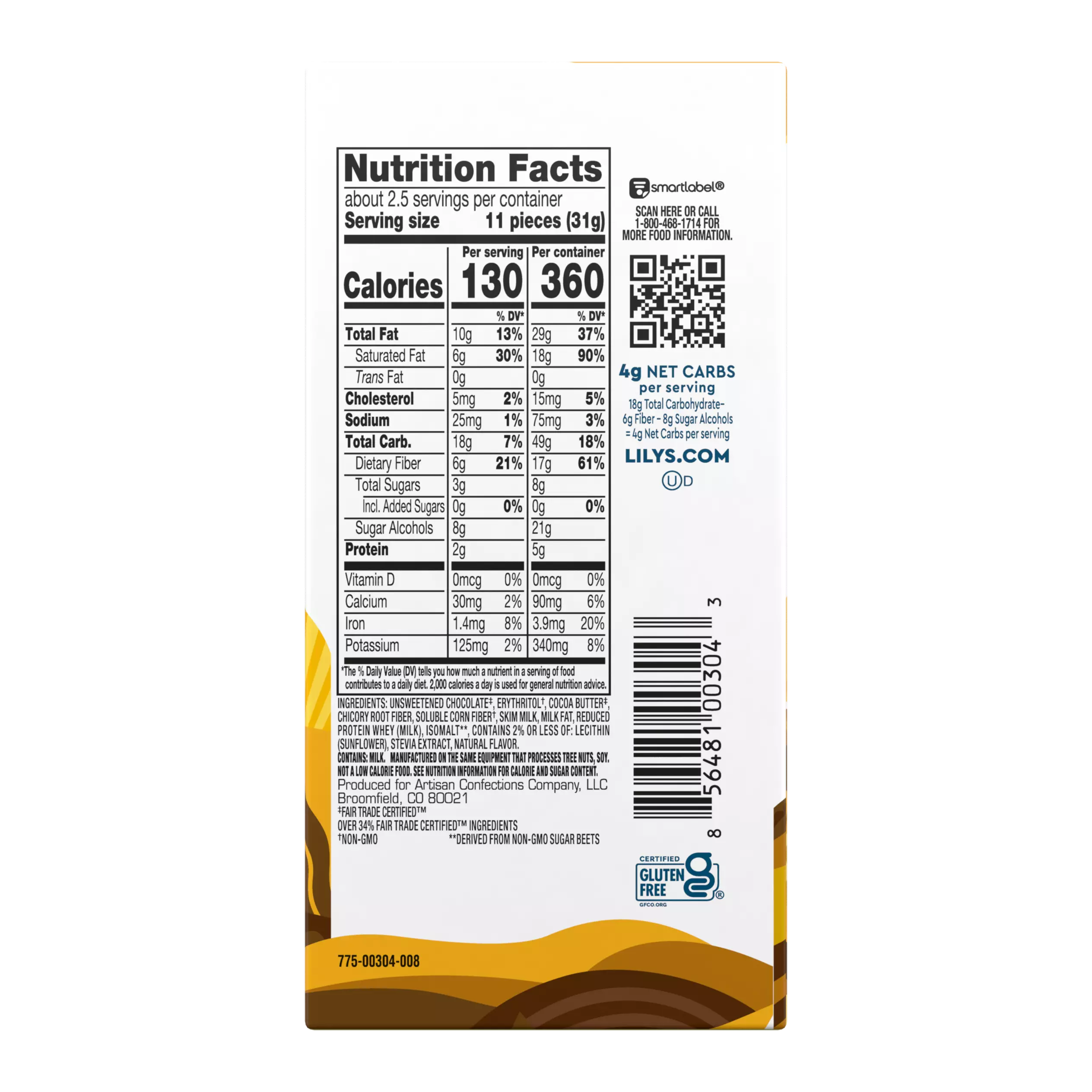 LILY'S Creamy Milk Chocolate Style Bar, 3 oz - Back of Package