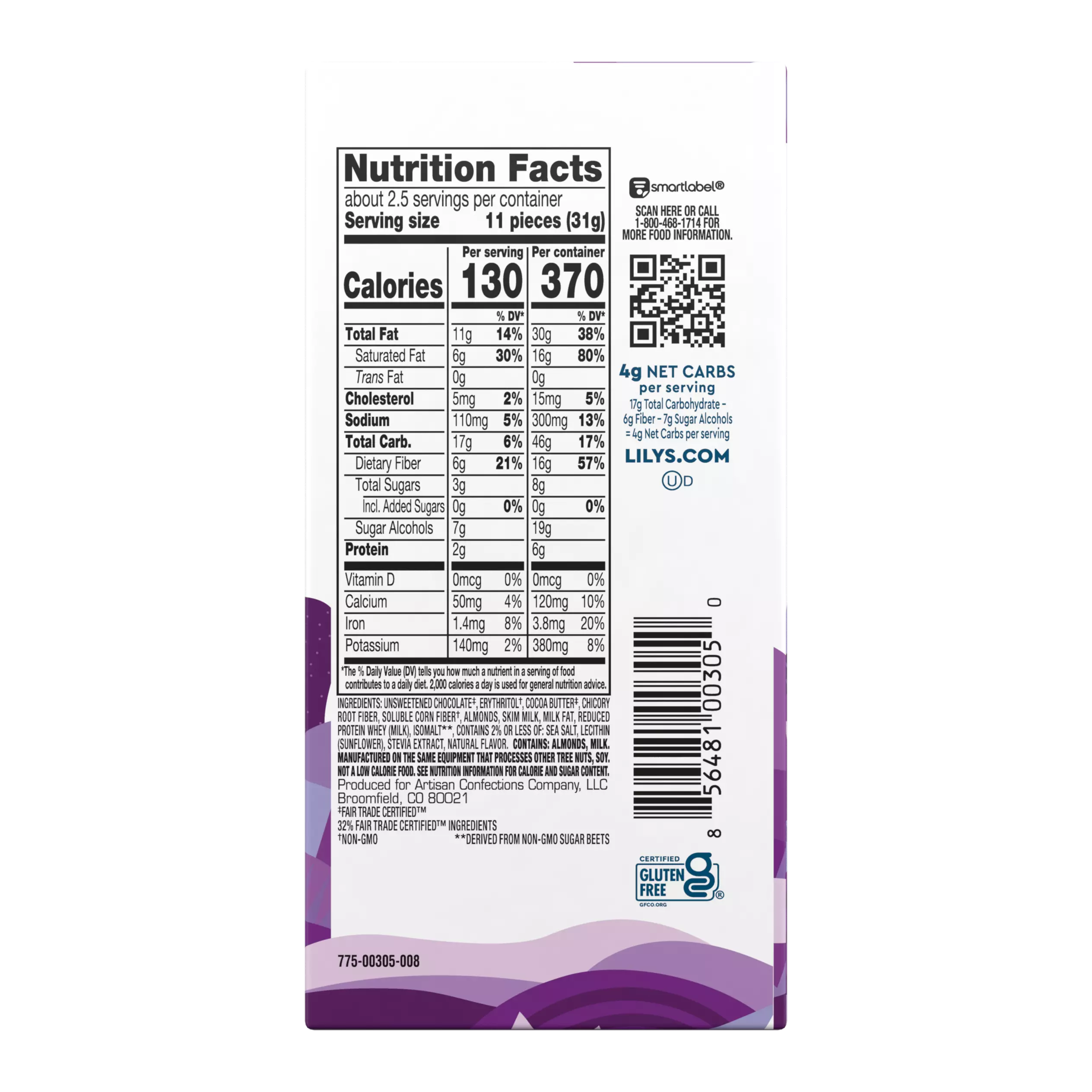 LILY'S Salted Almond Milk Chocolate Style Bar, 3 oz - Back of Package