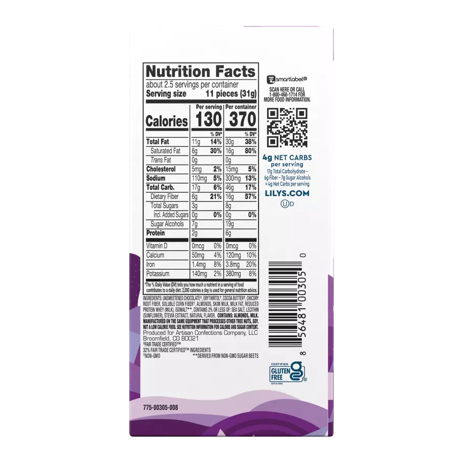 LILY'S Salted Almond Milk Chocolate Style Bar, 3 oz - Back of Package