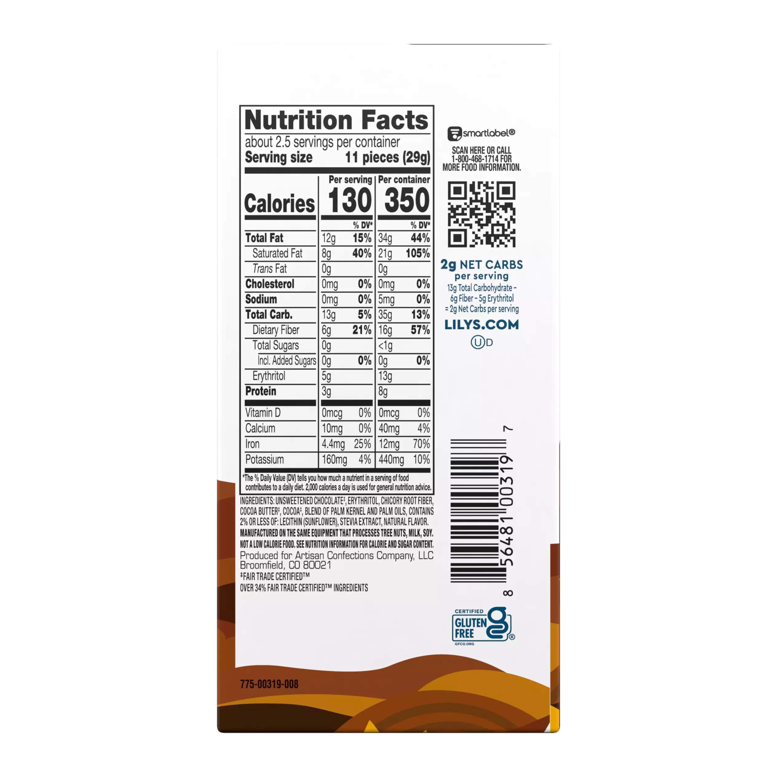 LILY'S Extra Dark Chocolate Style Bar, 2.8 oz - Back of Package