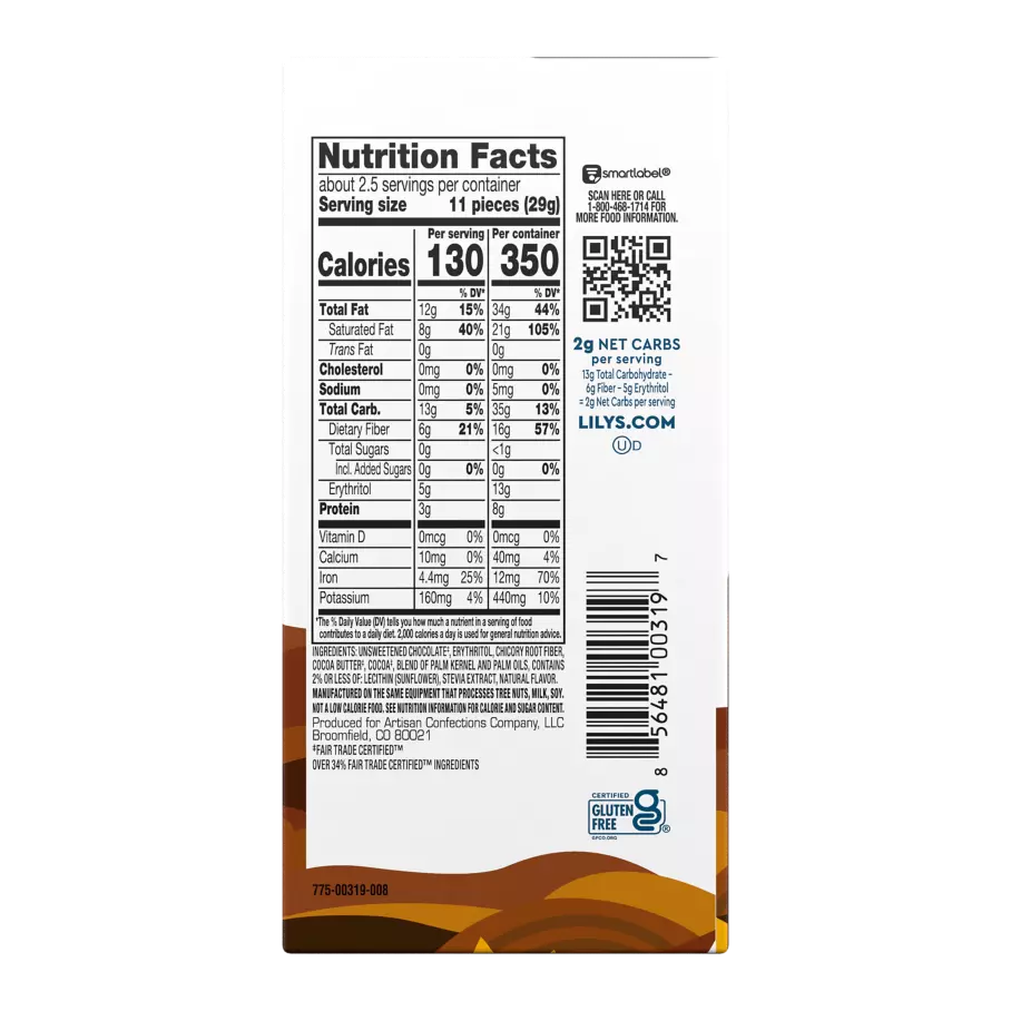 LILY'S Extra Dark Chocolate Style Bar, 2.8 oz - Back of Package