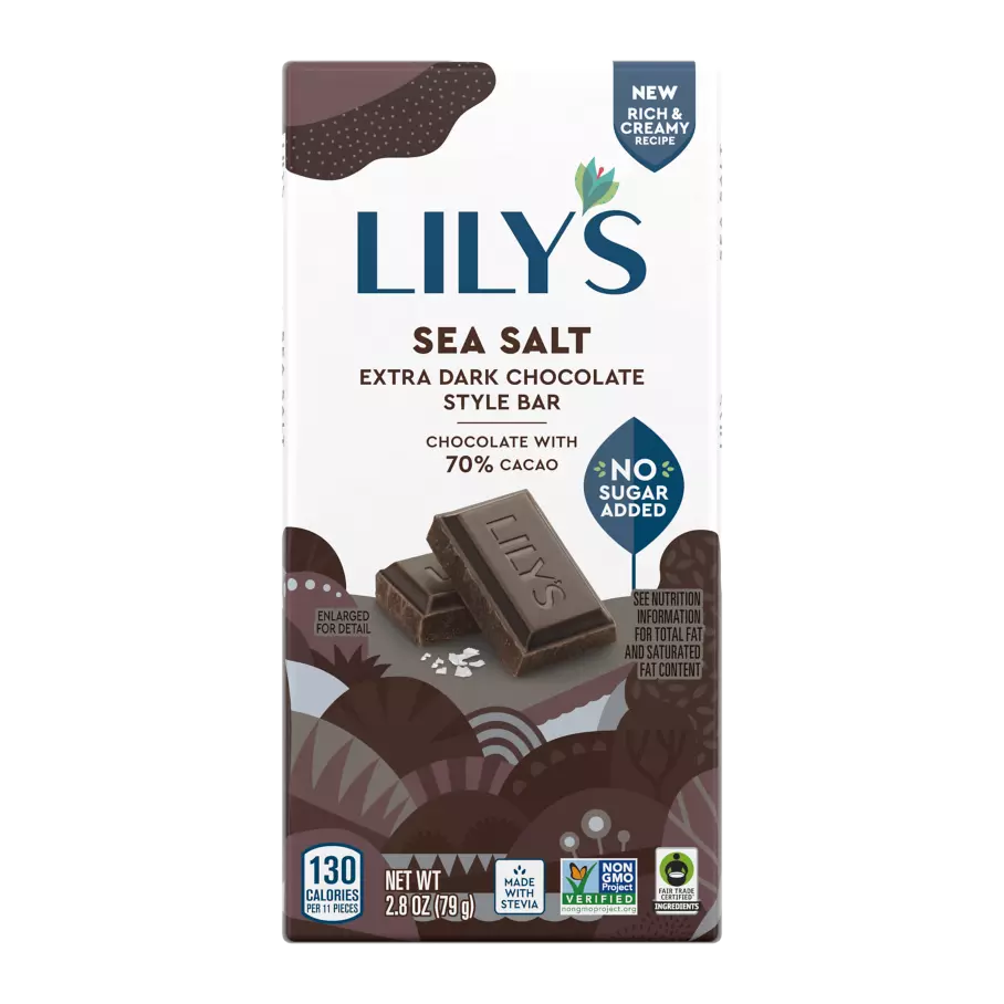 LILY'S Sea Salt Extra Dark Chocolate Style Bar, 2.8 oz - Front of Package