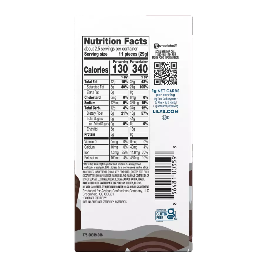 LILY'S Sea Salt Extra Dark Chocolate Style Bar, 2.8 oz - Back of Package
