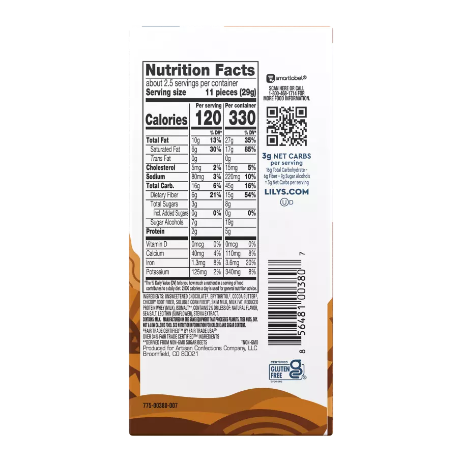 LILY'S Salted Caramel Milk Chocolate Style Bar, 2.8 oz - Back of Package
