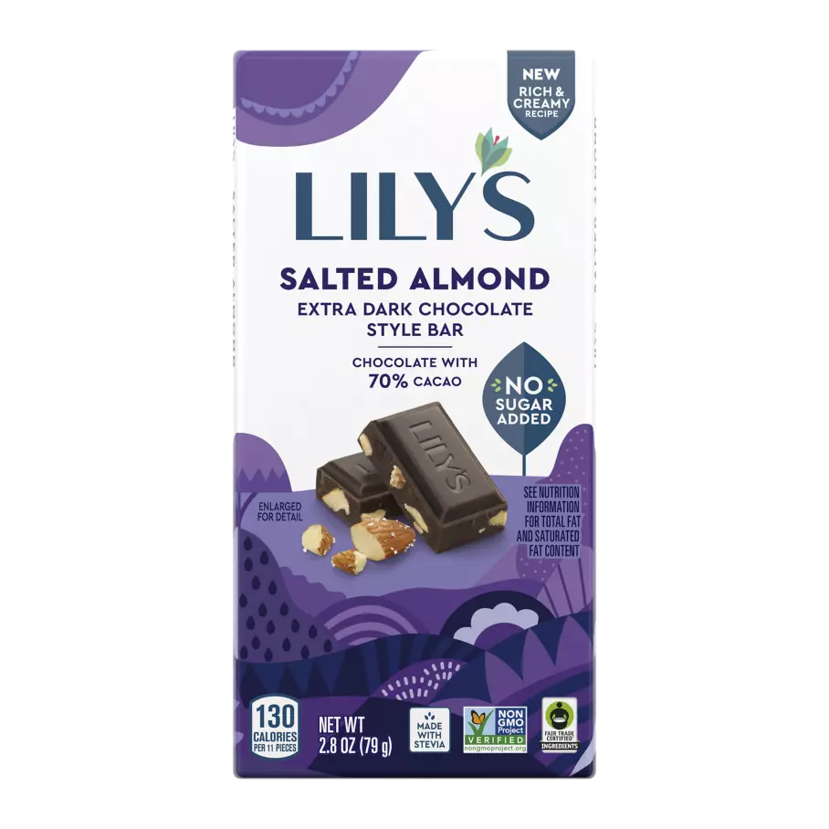LILY'S Salted Almond Extra Dark Chocolate Style Bar, 2.8 oz - Front of Package