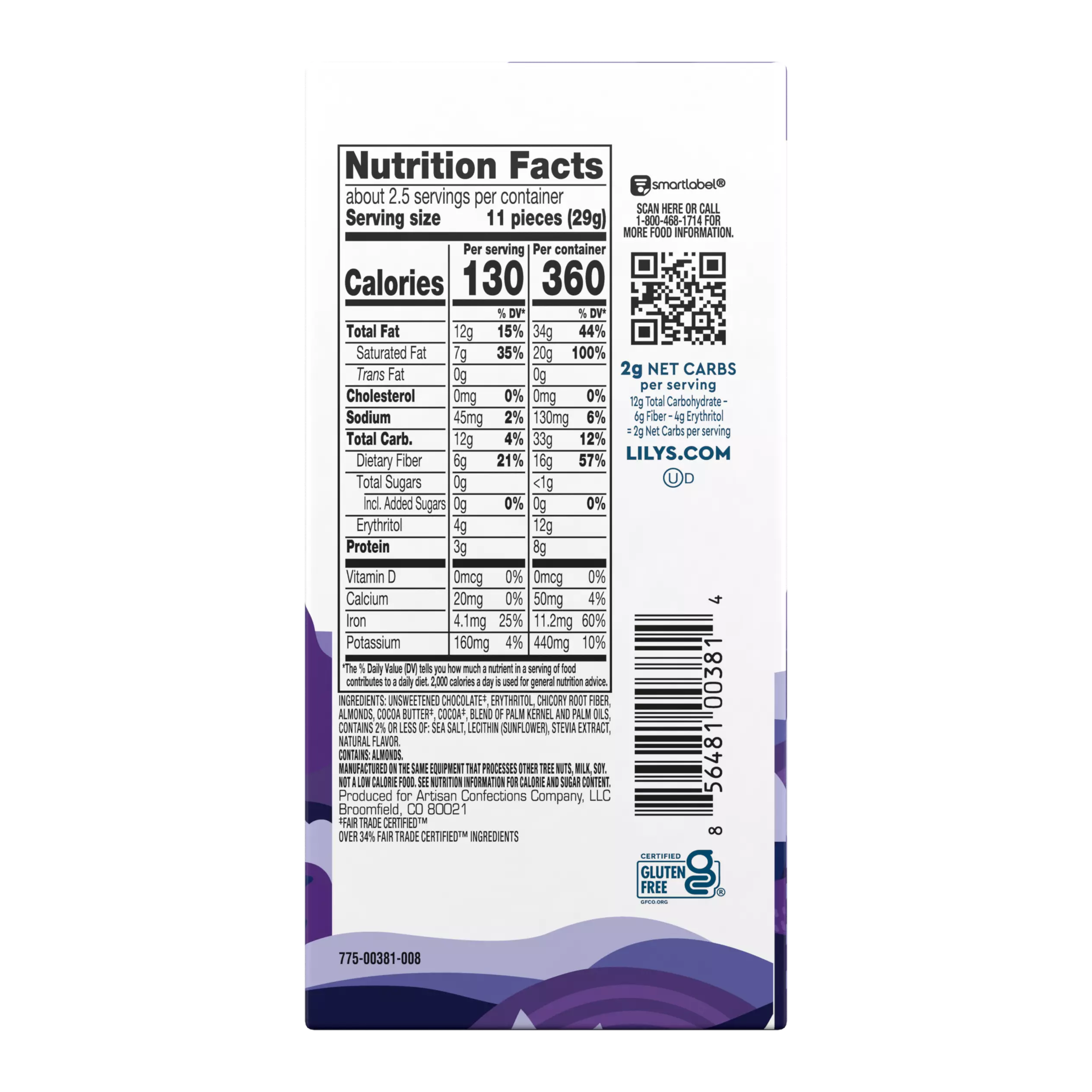 LILY'S Salted Almond Extra Dark Chocolate Style Bar, 2.8 oz - Back of Package