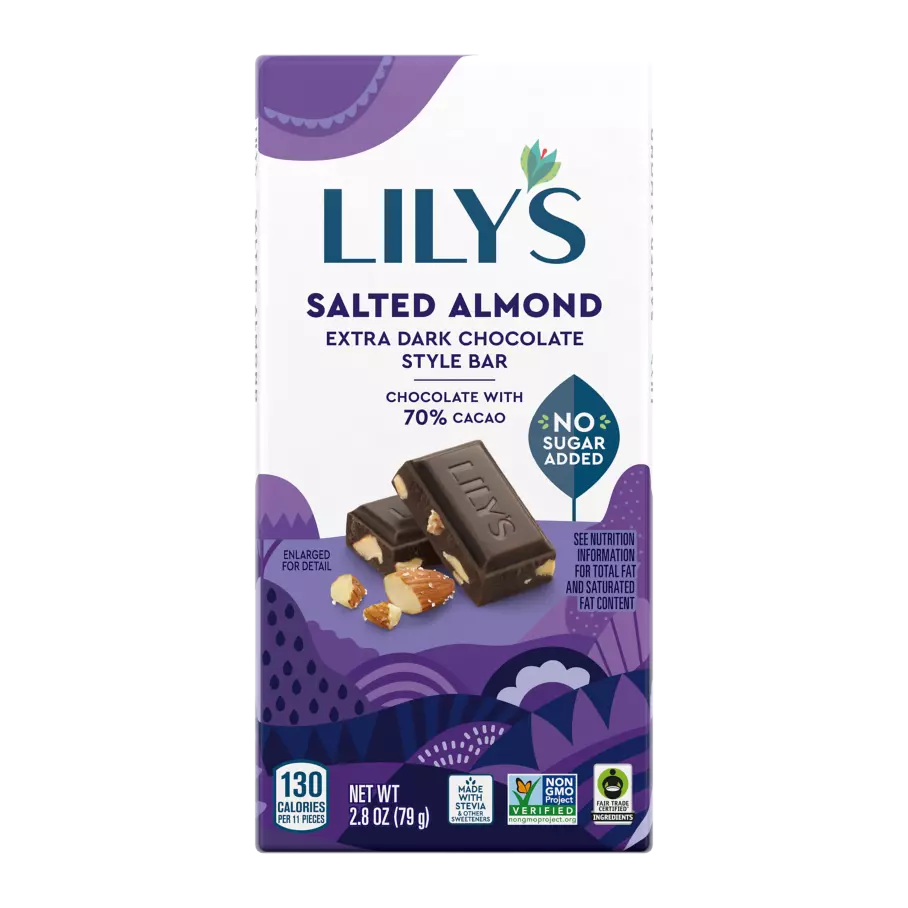LILY'S Salted Almond Extra Dark Chocolate Style Bar, 2.8 oz - Front of Package