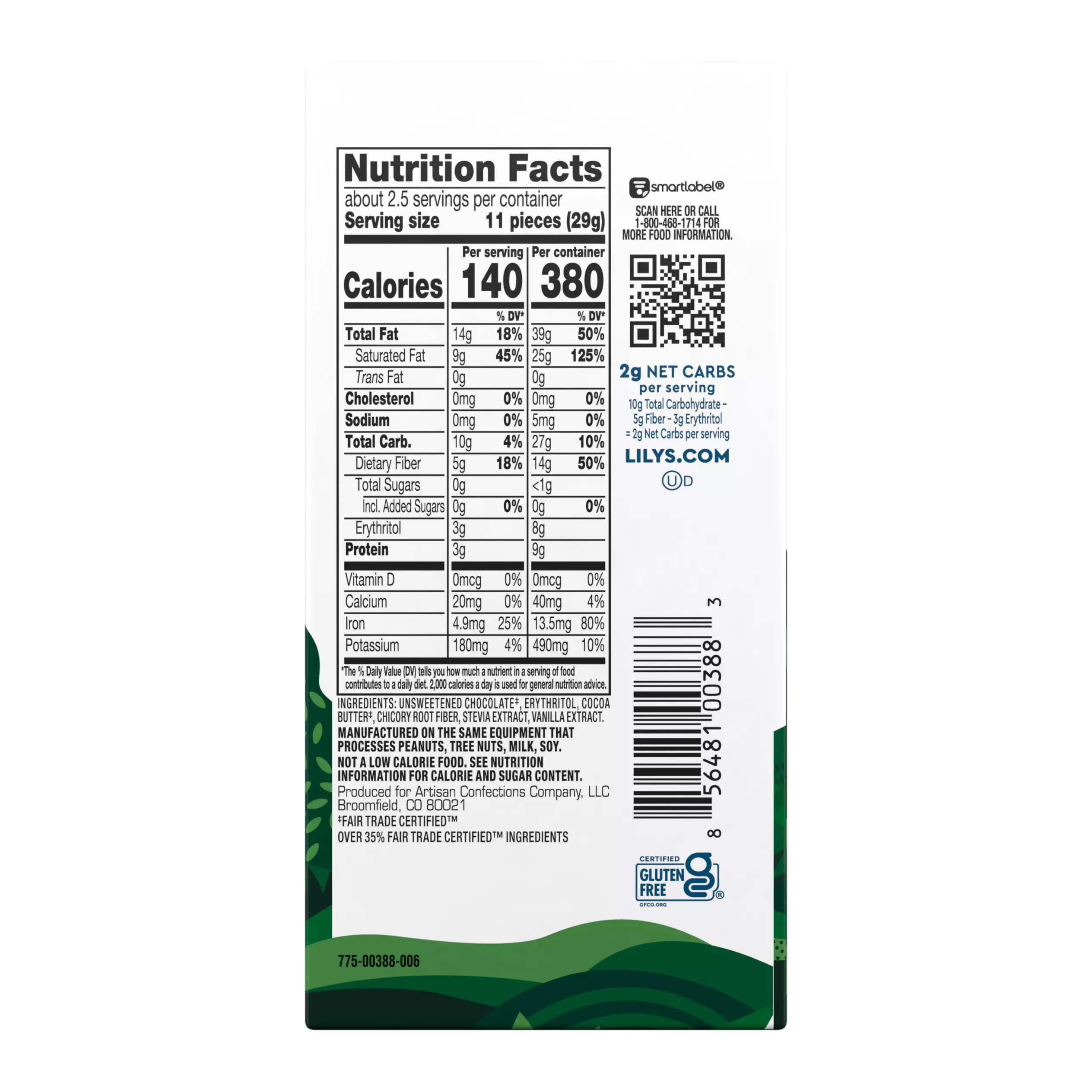 LILY'S Extremely Dark Chocolate Style Bar, 2.8 oz - Back of Package