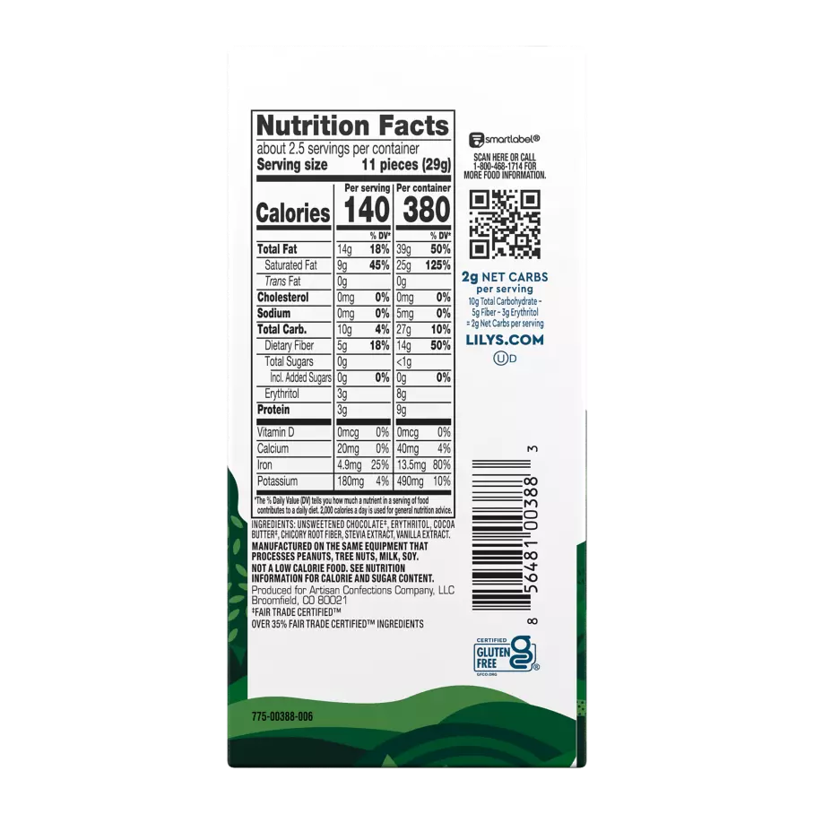 LILY'S Extremely Dark Chocolate Style Bar, 2.8 oz - Back of Package