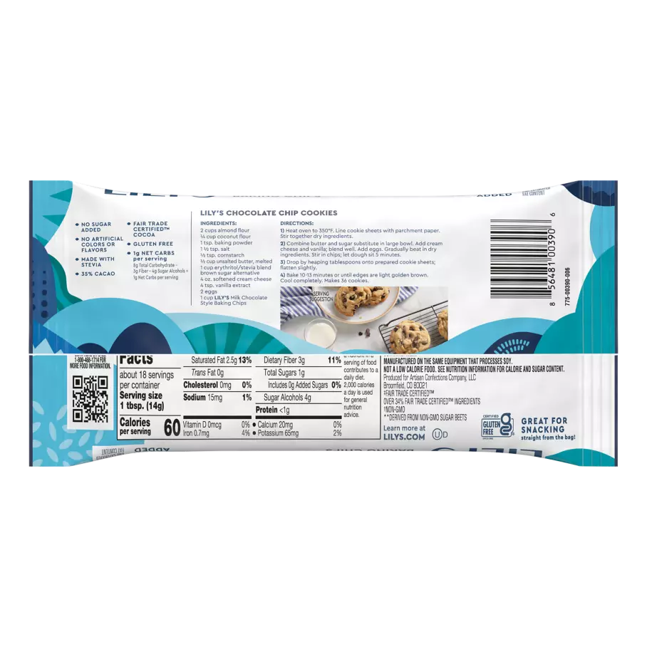 LILY'S Milk Chocolate Style Baking Chips, 9 oz bag - Back of Package