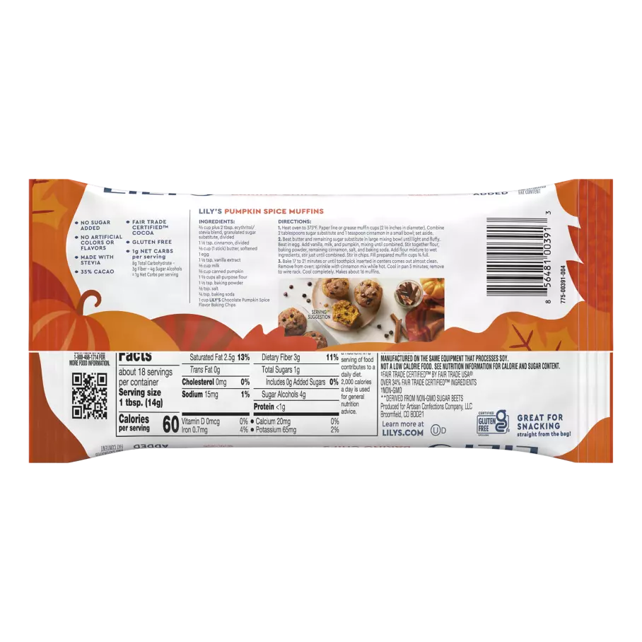 LILY'S Chocolate Pumpkin Spice Flavor Baking Chips, 9 oz bag - Back of Package
