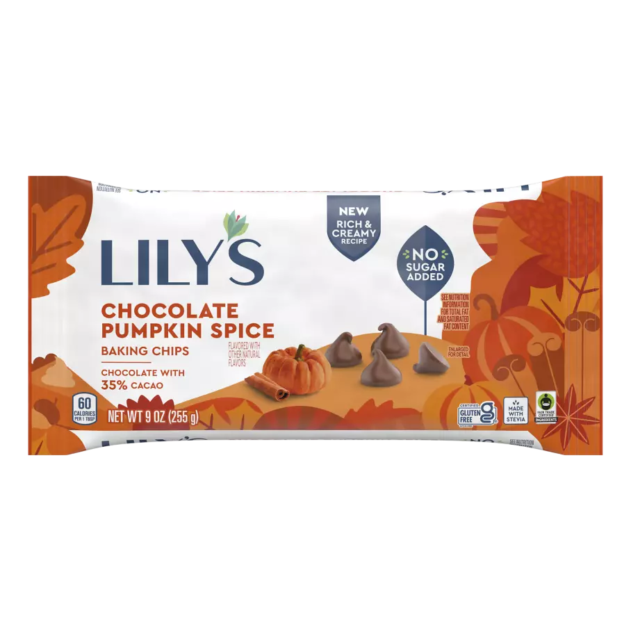 LILY'S Chocolate Pumpkin Spice Flavor Baking Chips, 9 oz bag - Front of Package