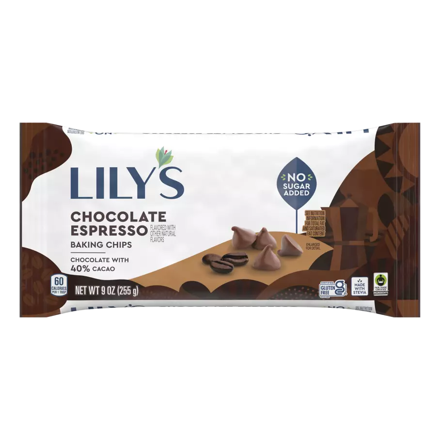 LILY'S Chocolate Espresso Flavor Baking Chips, 9 oz bag - Front of Package