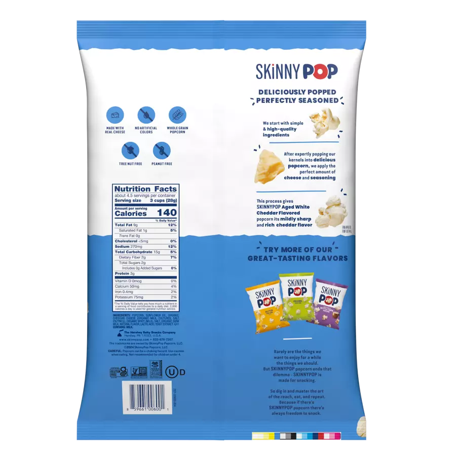 SKINNYPOP Aged White Cheddar Flavored Popcorn, 4.4 oz bag - Back of Package