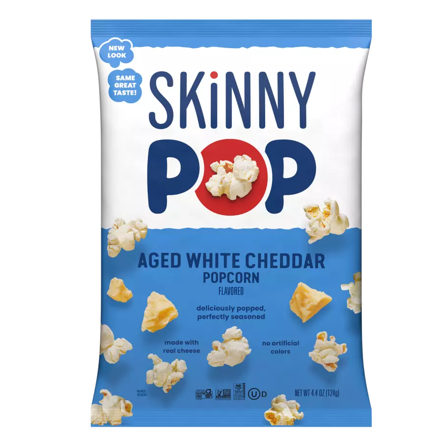 SKINNYPOP Aged White Cheddar Flavored Popcorn, 4.4 oz bag - Front of Package