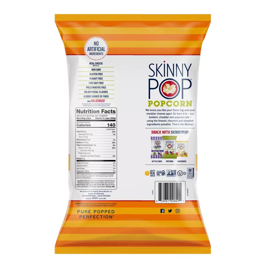 SKINNYPOP Aged White Cheddar Popped Popcorn, 4.4 oz bag - Back of Package