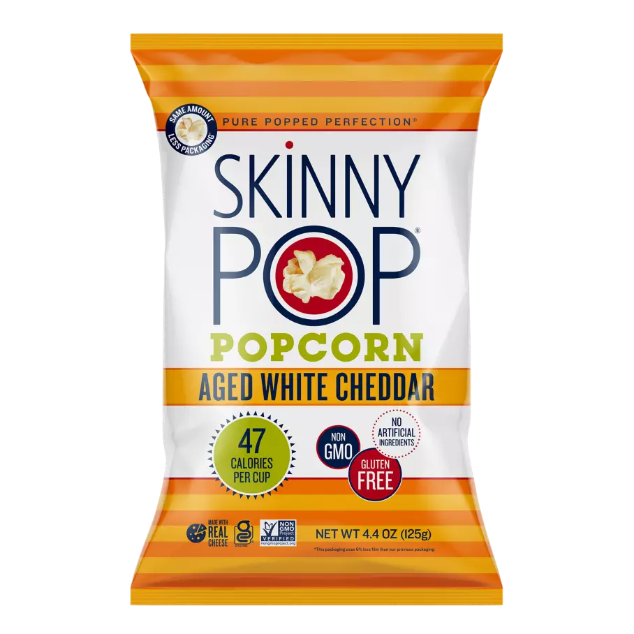 SKINNYPOP Aged White Cheddar Popped Popcorn, 4.4 oz bag - Front of Package