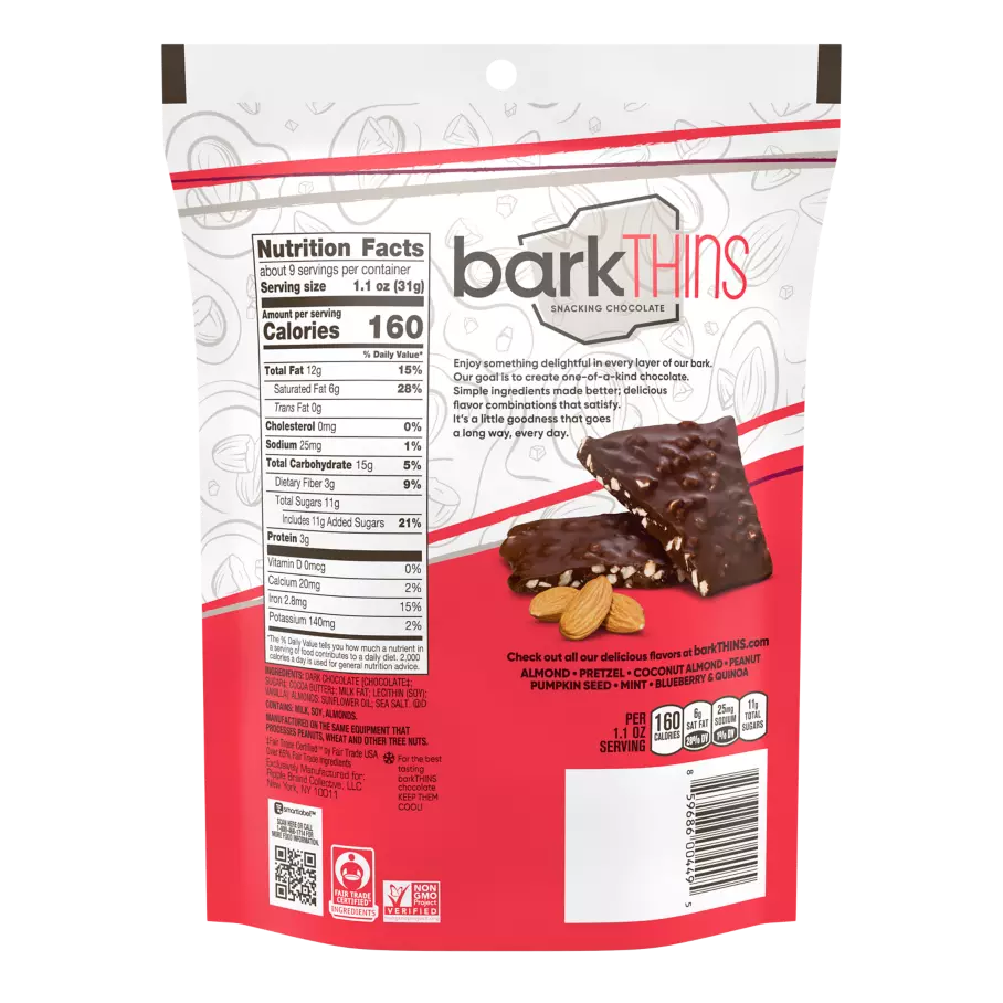 barkTHINS Dark Chocolate Almond & Sea Salt Snacking Chocolate, 10 oz bag - Back of Package