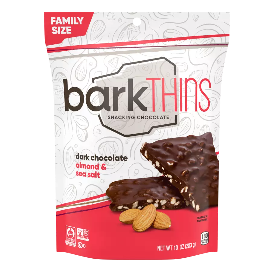 barkTHINS Dark Chocolate Almond & Sea Salt Snacking Chocolate, 10 oz bag - Front of Package