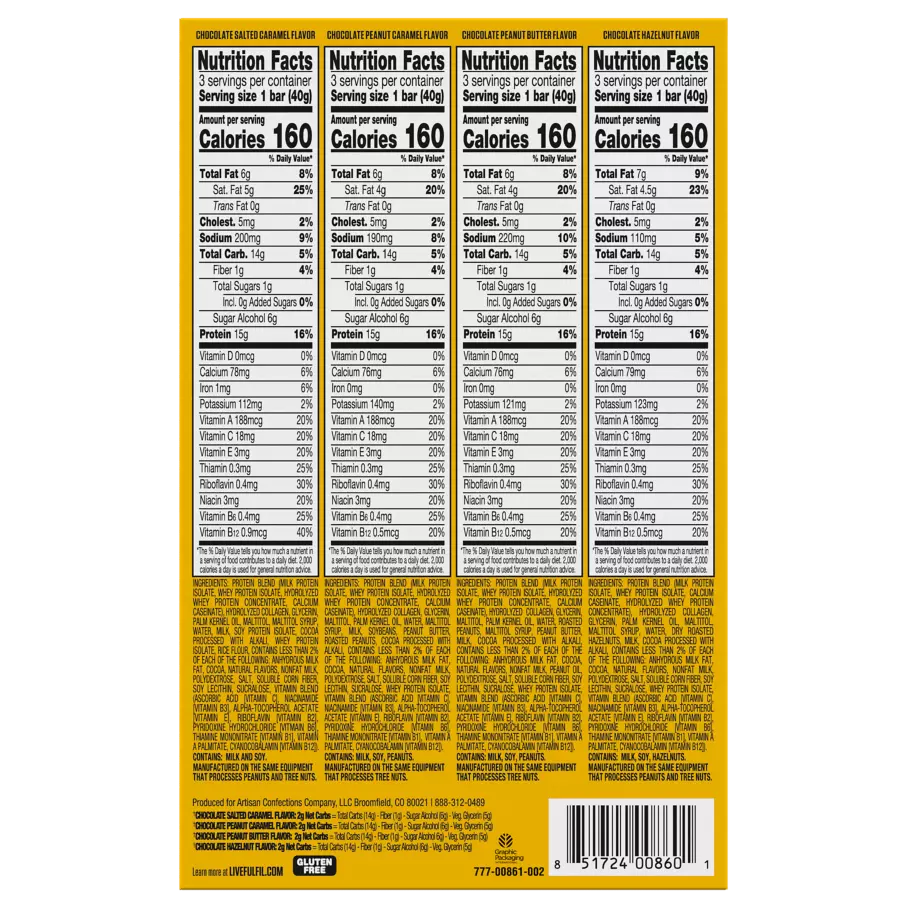 FULFIL Best Sellers Variety Pack Protein Bars, 1.41 oz, 12 count box - Back of Package