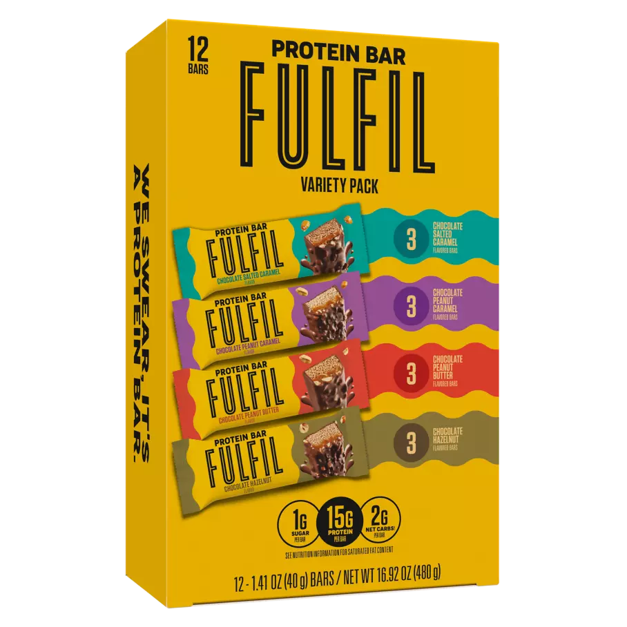 FULFIL Best Sellers Variety Pack Protein Bars, 1.41 oz, 12 count box - Front of Package