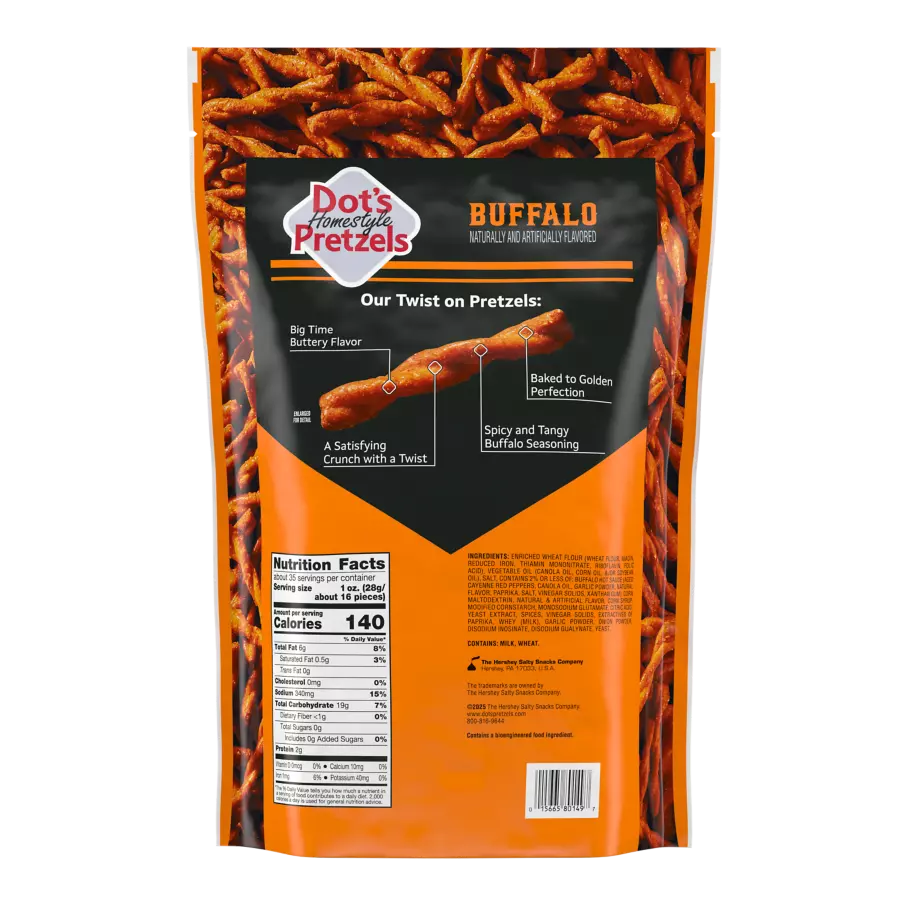DOT'S HOMESTYLE PRETZELS Buffalo Seasoned Pretzel Twists, 35 oz bag - Back of Package
