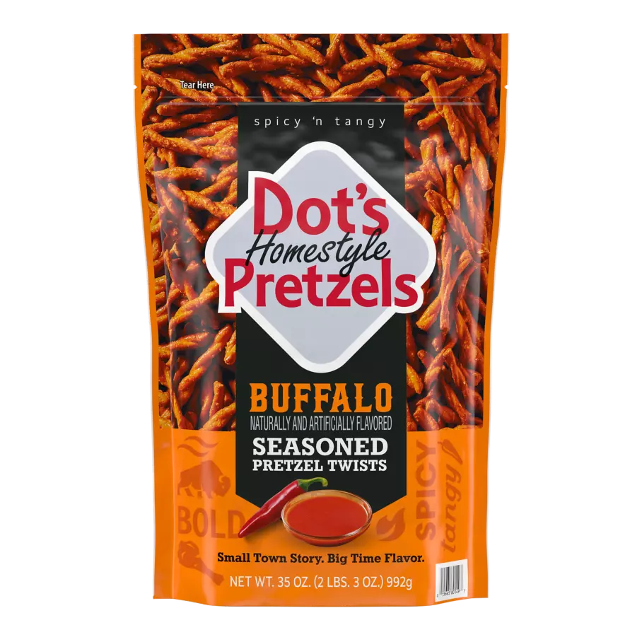 DOT'S HOMESTYLE PRETZELS Buffalo Seasoned Pretzel Twists, 35 oz bag - Front of Package