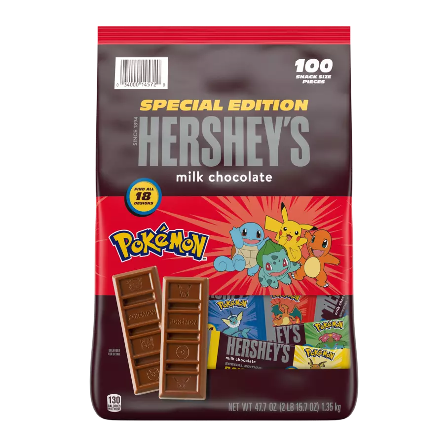 HERSHEY'S Milk Chocolate Snack Size Pokémon Special Edition Candy Bars, 47.7 oz bag, 100 pieces - Front of Package