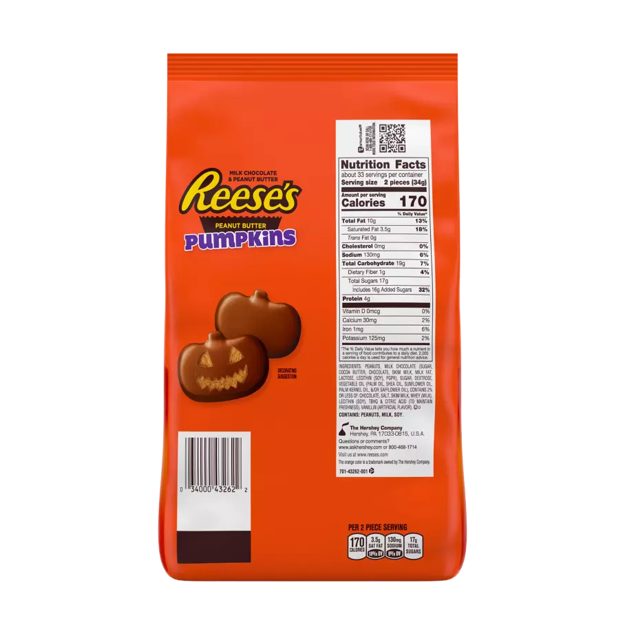 REESE'S Milk Chocolate Peanut Butter Snack Size Pumpkins, 39.8 oz bag, 65 pieces - Back of Package