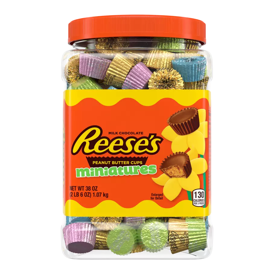 REESE'S Easter Milk Chocolate Miniatures Peanut Butter Cups, 38 oz jar - Front of Package