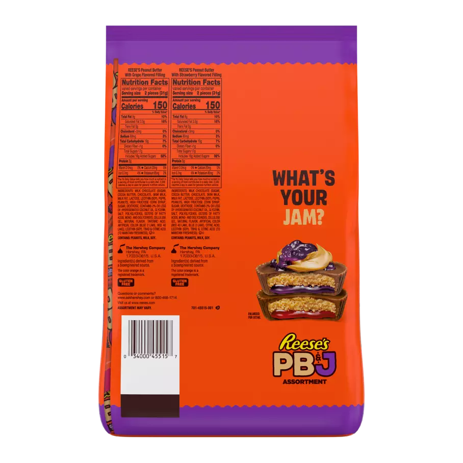 REESE'S PB&J Assortment Snack Size Peanut Butter Cups, 39 oz bag - Back of Package
