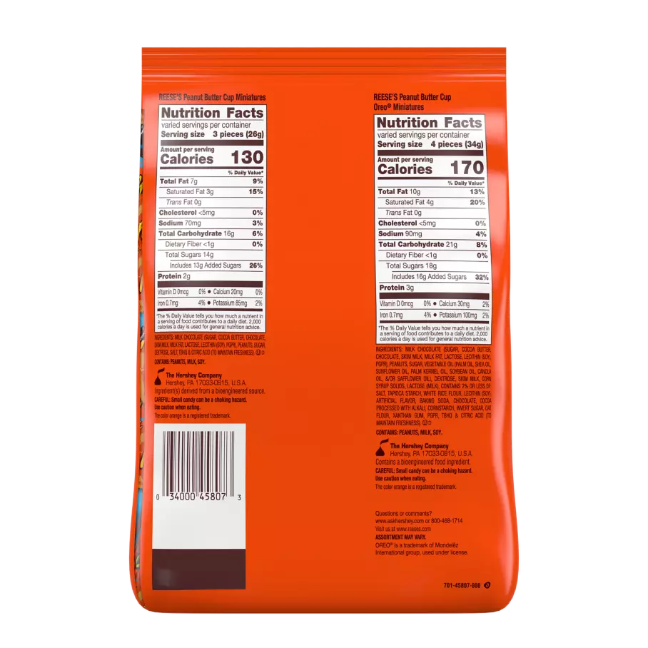 REESE'S OREO® Milk Chocolate Miniatures Peanut Butter Cups Assortment, 48.8 oz bag - Back of Package