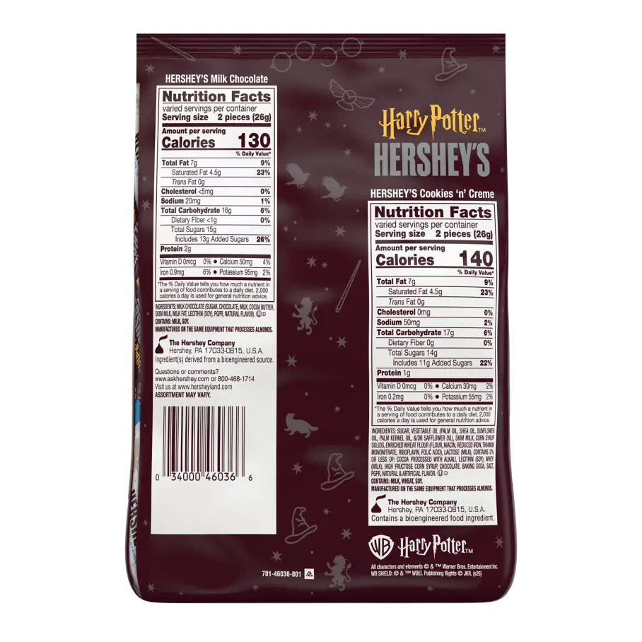HERSHEY'S Assorted Chocolates Snack Size Harry Potter™ Limited Edition Candy Bars, 45 oz bag, 100 pieces - Back of Package
