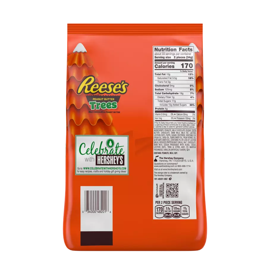 REESE'S Milk Chocolate Peanut Butter Snack Size Trees, 39.8 oz bag, 65 pieces - Back of Package