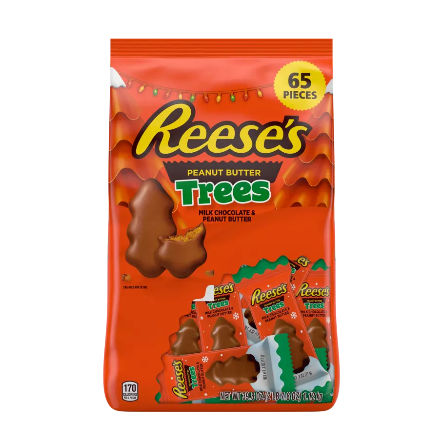 REESE'S Milk Chocolate Peanut Butter Snack Size Trees, 39.8 oz bag, 65 pieces - Front of Package